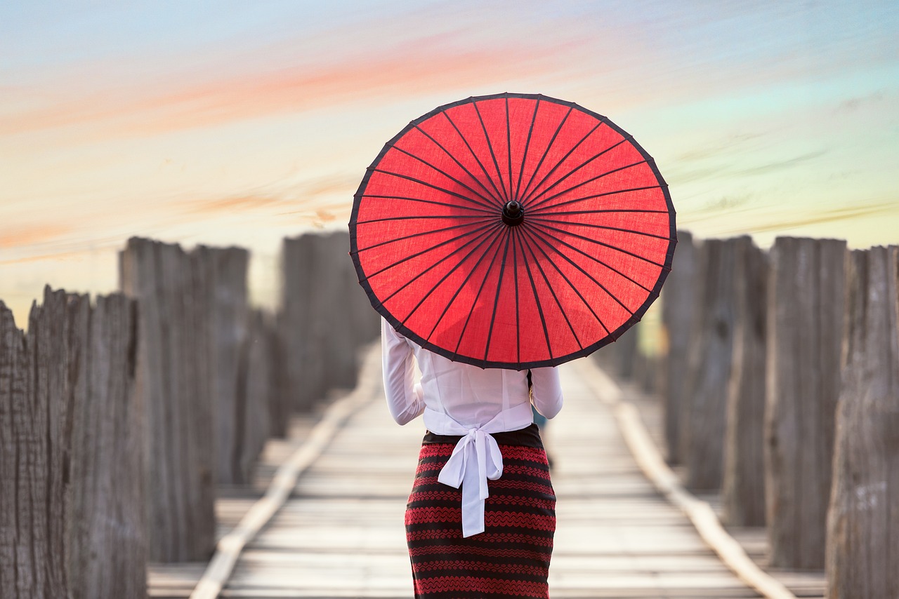 umbrella, woman, boardwalk